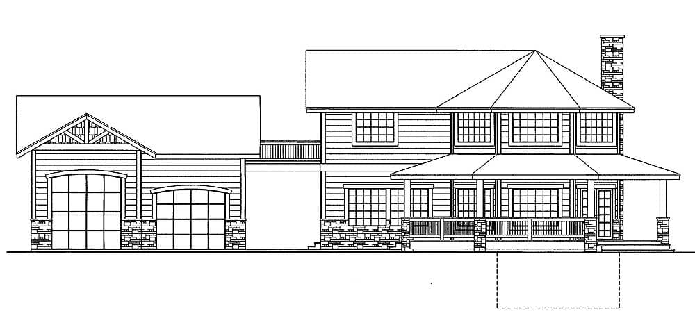 House plan exterior featuring a two-story home with a covered porch, gabled dormers, and an attached two-car garage with stone accents.