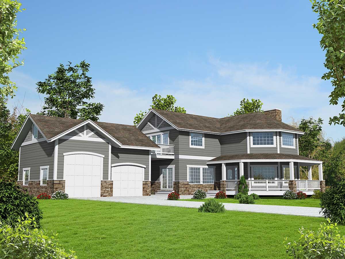 House plan exterior: two-story modern farmhouse with a wraparound porch, dormer windows, stone accents, and a three-car garage.