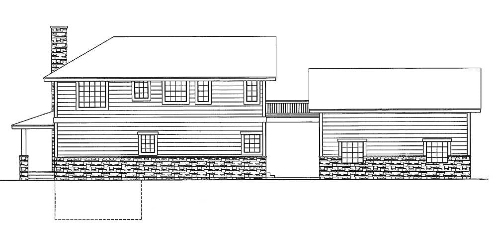 House plan exterior: two-story with stone foundation, prominent chimney, and attached garage.