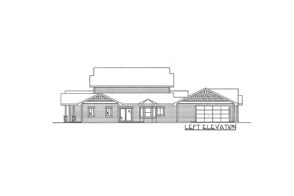 Left elevation drawing of a one-story house plan with a gabled roof, porch, and attached garage.