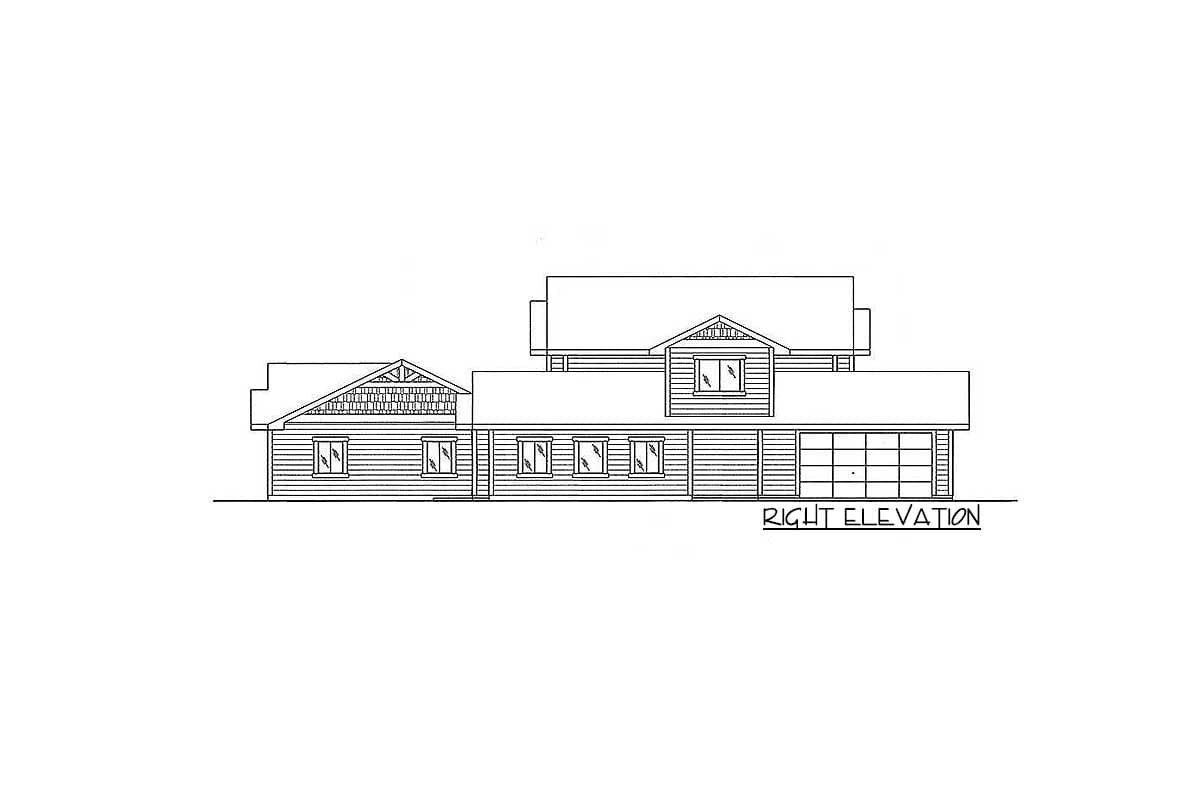 Right elevation drawing of a two-story house plan with gabled dormers, horizontal siding, and a two-car garage.