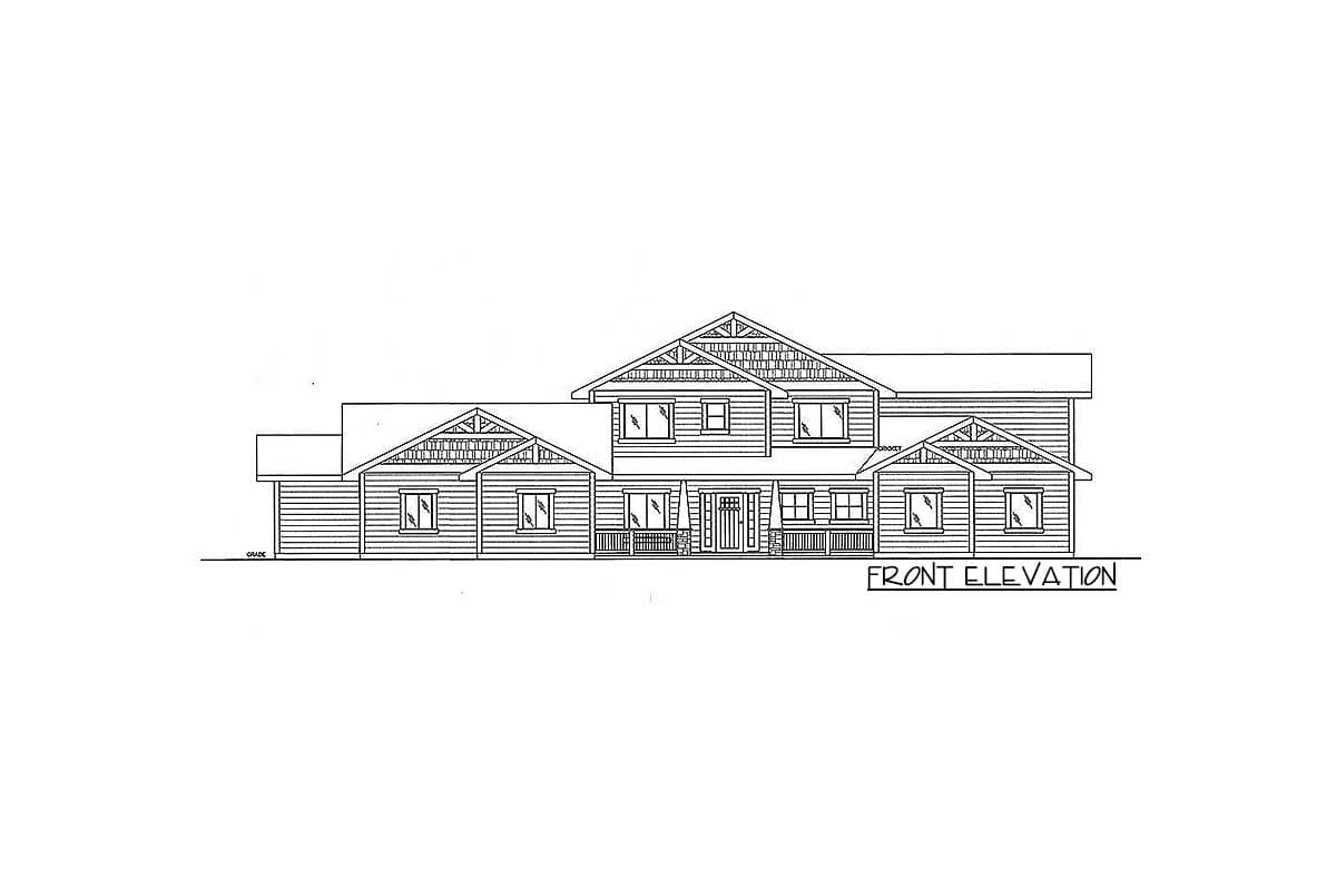 Front elevation drawing of a two-story house plan featuring multiple gables, a covered porch, and horizontal siding.