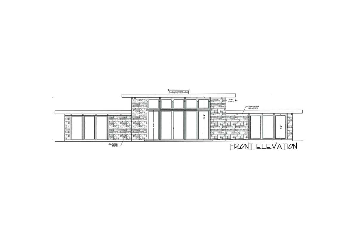 Front elevation drawing of a single-story house plan with cultured stone, large windows, and a flat roofline.