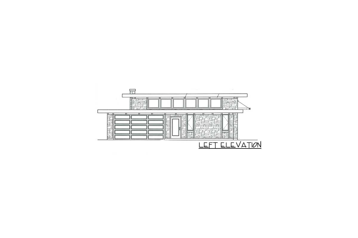 Left elevation house plan showing a single-story modern home with a wide garage door, stone facade, and ribbon windows.