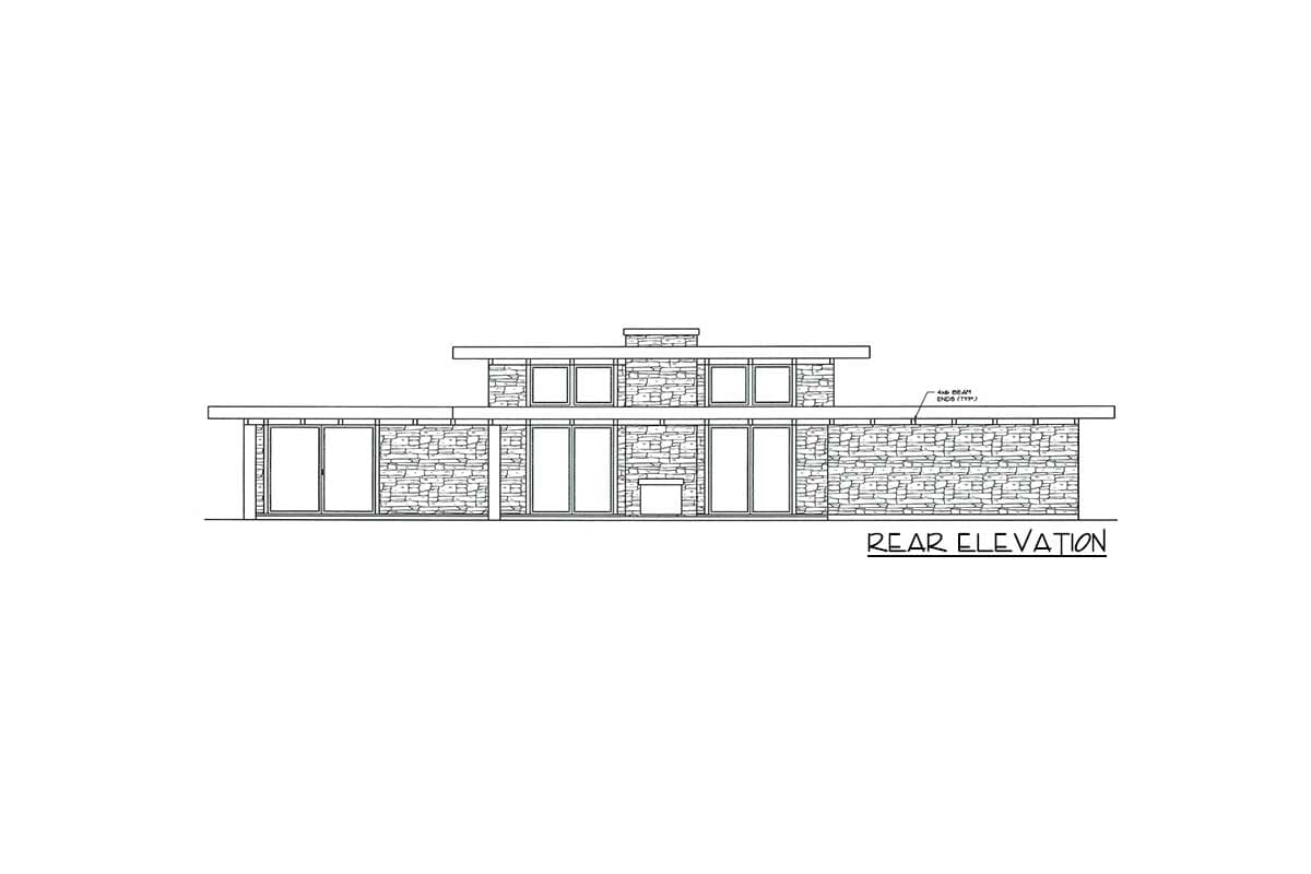 Rear elevation drawing of a two-story house plan with stone exterior, multiple windows, and a flat roof.