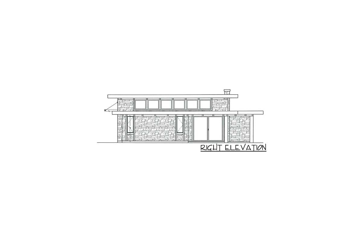 Right elevation house plan with stone facade, ribbon windows, and flat roof.