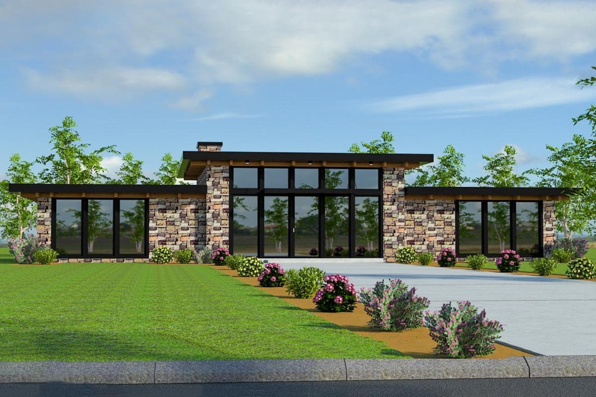 Modern house plan exterior featuring stone facade, expansive windows, and a low-pitched roofline.