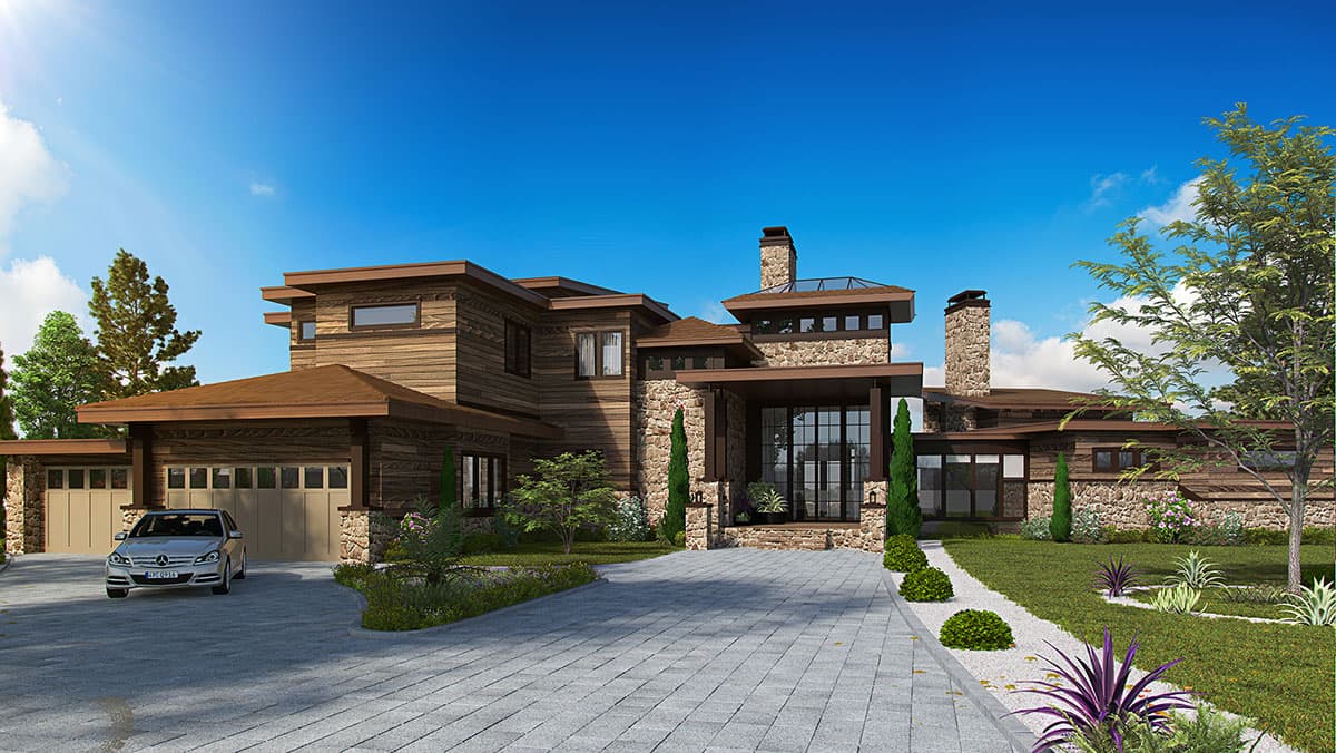 House plan exterior rendering: Modern style, multi-story home with stone and wood siding, prominent chimneys, and a three-car garage.