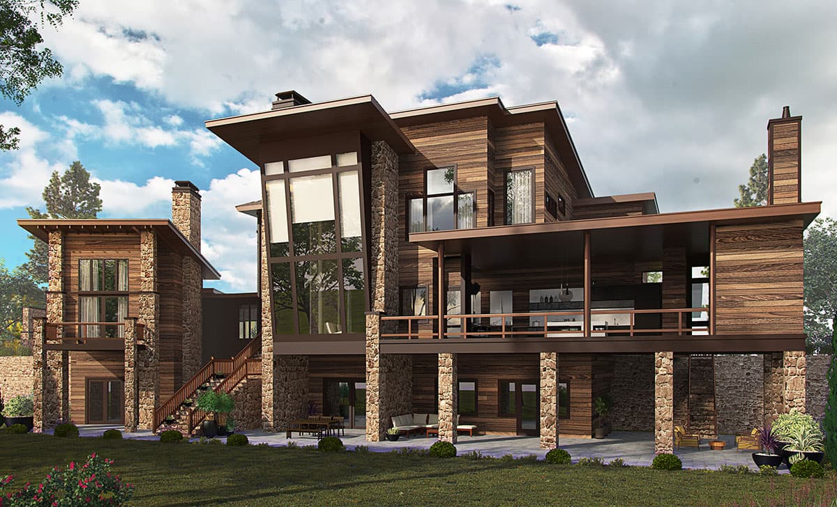 Modern house plan exterior with stone and wood siding, multiple levels, large windows, covered balconies, and exterior stairs.