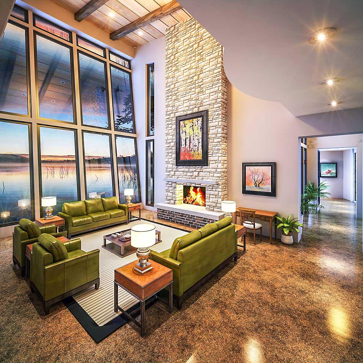Great room interior rendering with stone fireplace, vaulted wood-beamed ceiling, and floor-to-ceiling windows overlooking a lake.