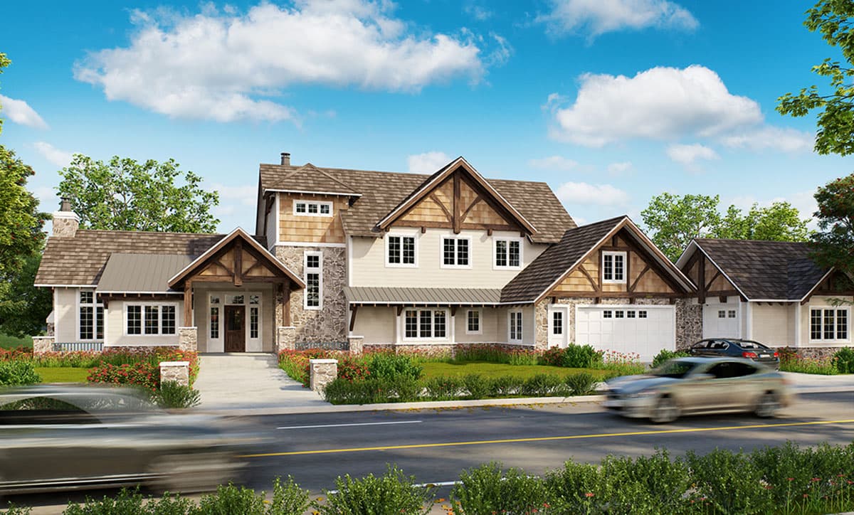 Modern Farmhouse style house plan exterior, two stories, with stone accents, gables, and a prominent covered entryway.