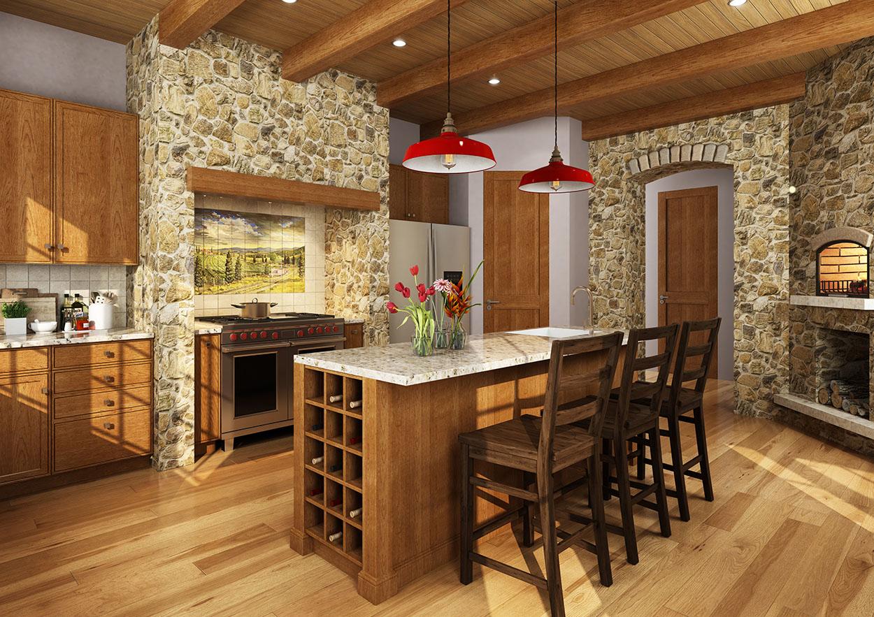 Kitchen with stone accent walls, wood cabinetry, island with wine rack, and fireplace.