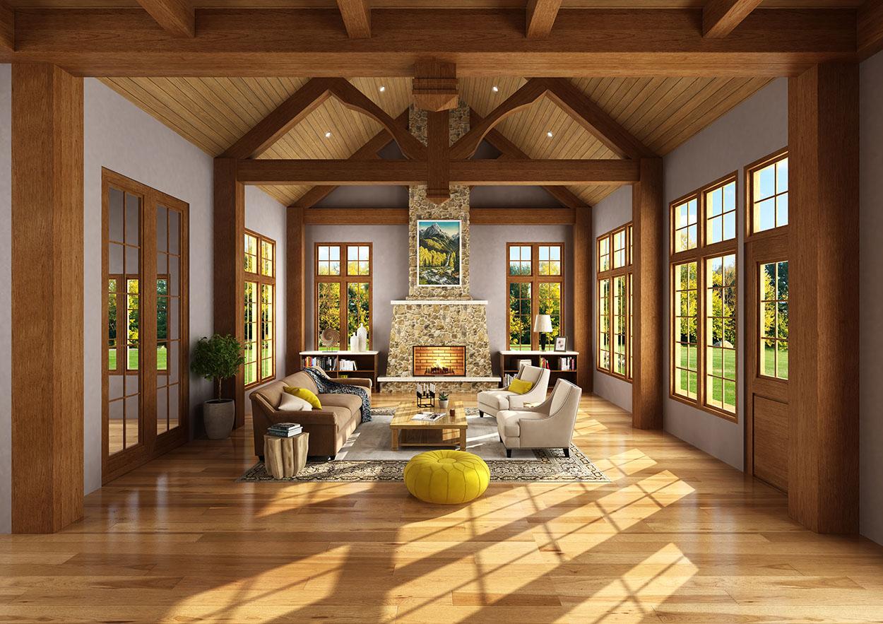 Interior rendering of a great room with vaulted wood beam ceiling, stone fireplace, and large windows.