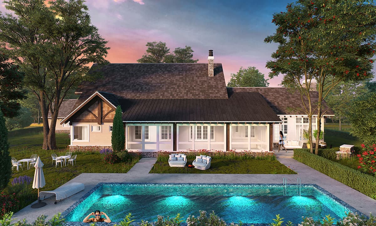 House plan exterior: Ranch style, one story, with a wraparound porch, dormers, and a stone chimney.