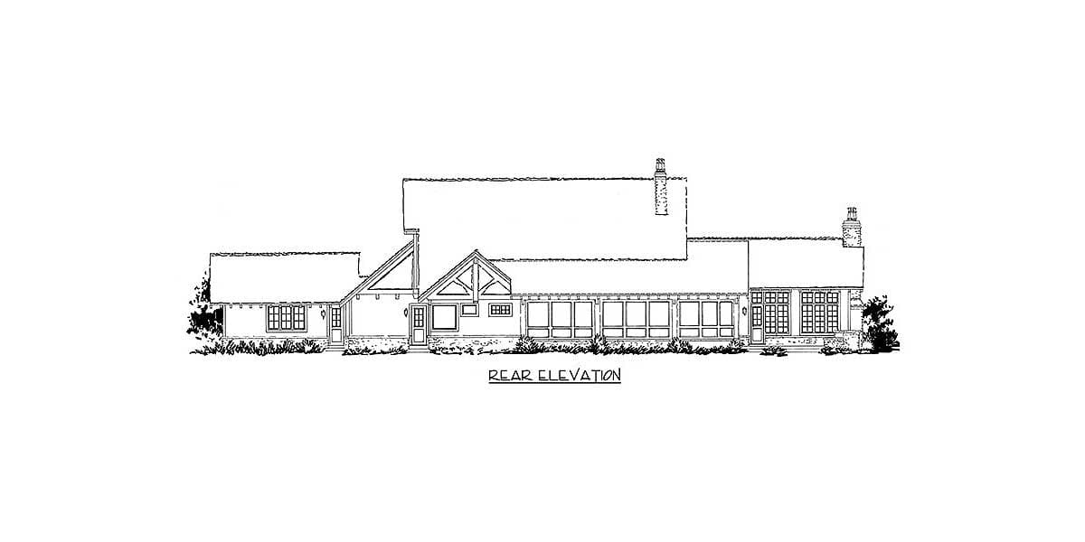 Rear elevation drawing of a house plan with gables, covered porch, and numerous windows.