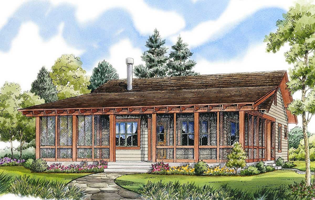 House plan exterior of a single-story dwelling with a large screened porch, multiple gables, and a prominent chimney.