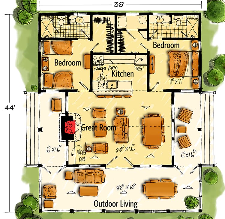 Plan 12947KN: Bunkhouse Plan with Options - Floor Plan - Main Level - Cabin, Cottage, Country, Mountain, Vacation