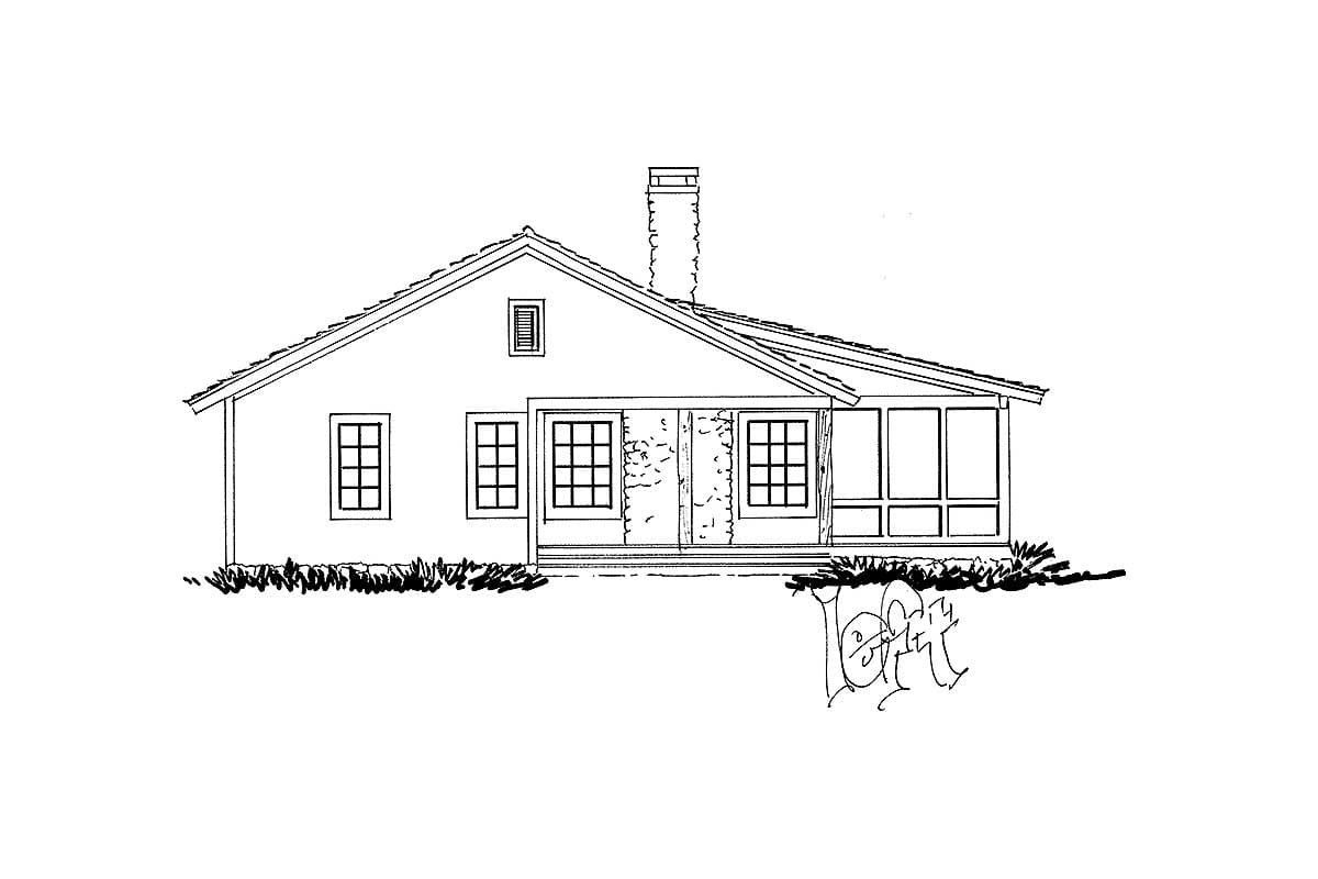 House plan exterior, one story, with gable roof, chimney, dormer, and screened porch.