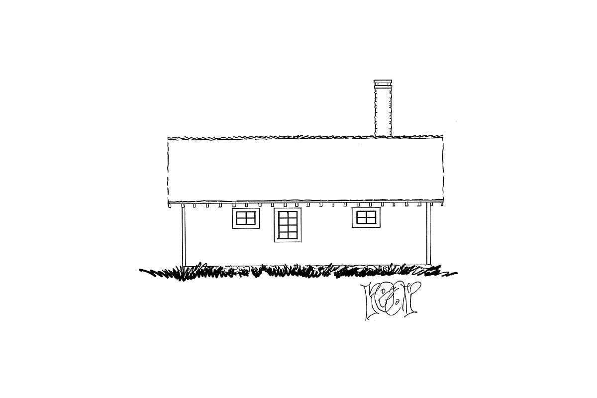 House plan elevation drawing of a one-story cottage with a prominent gable roof and central chimney.