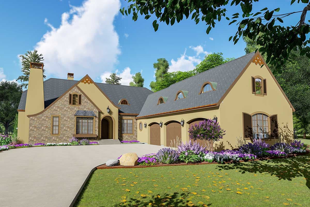 House plan exterior featuring stone accents, arched entry, dormer windows, and a three-car garage with arched doors.