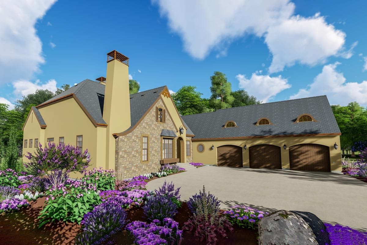 House plan exterior featuring a stone-accented facade, prominent chimney, multiple gables, and a three-car garage with arched doors.