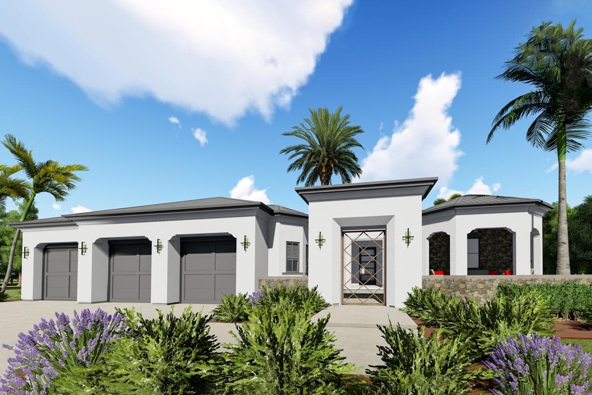 House plan exterior: modern style, one-story with three-car garage, prominent entryway with decorative gate, and covered patio.