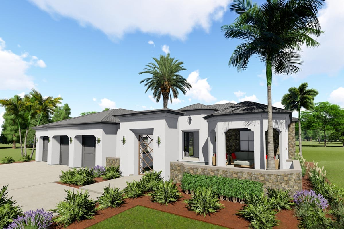 House plan exterior: single-story modern design with a three-car garage, stone accents, covered patio, and flat roof.
