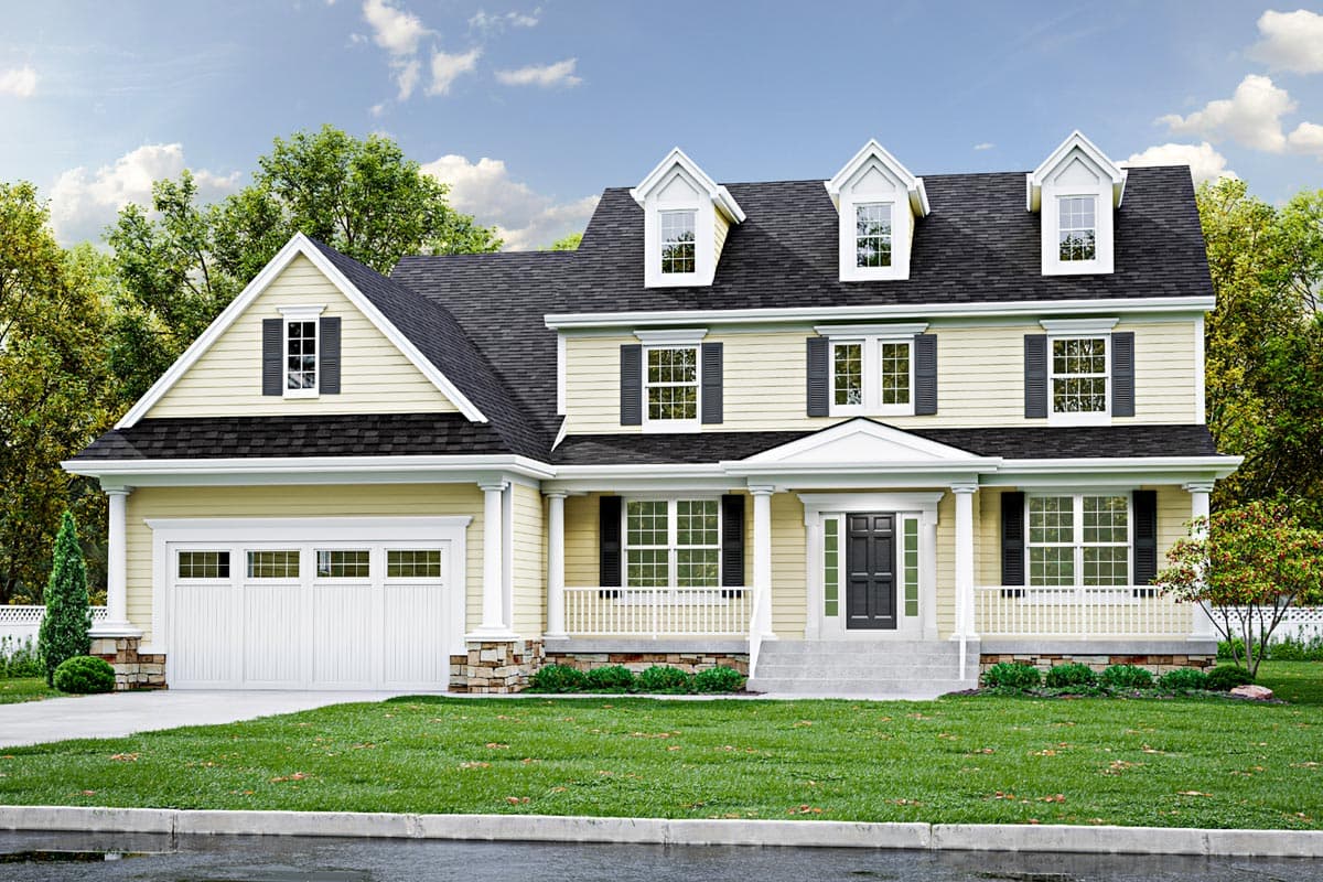 House plan exterior featuring a two-story Colonial style, front porch with columns, dormers, and an attached garage.