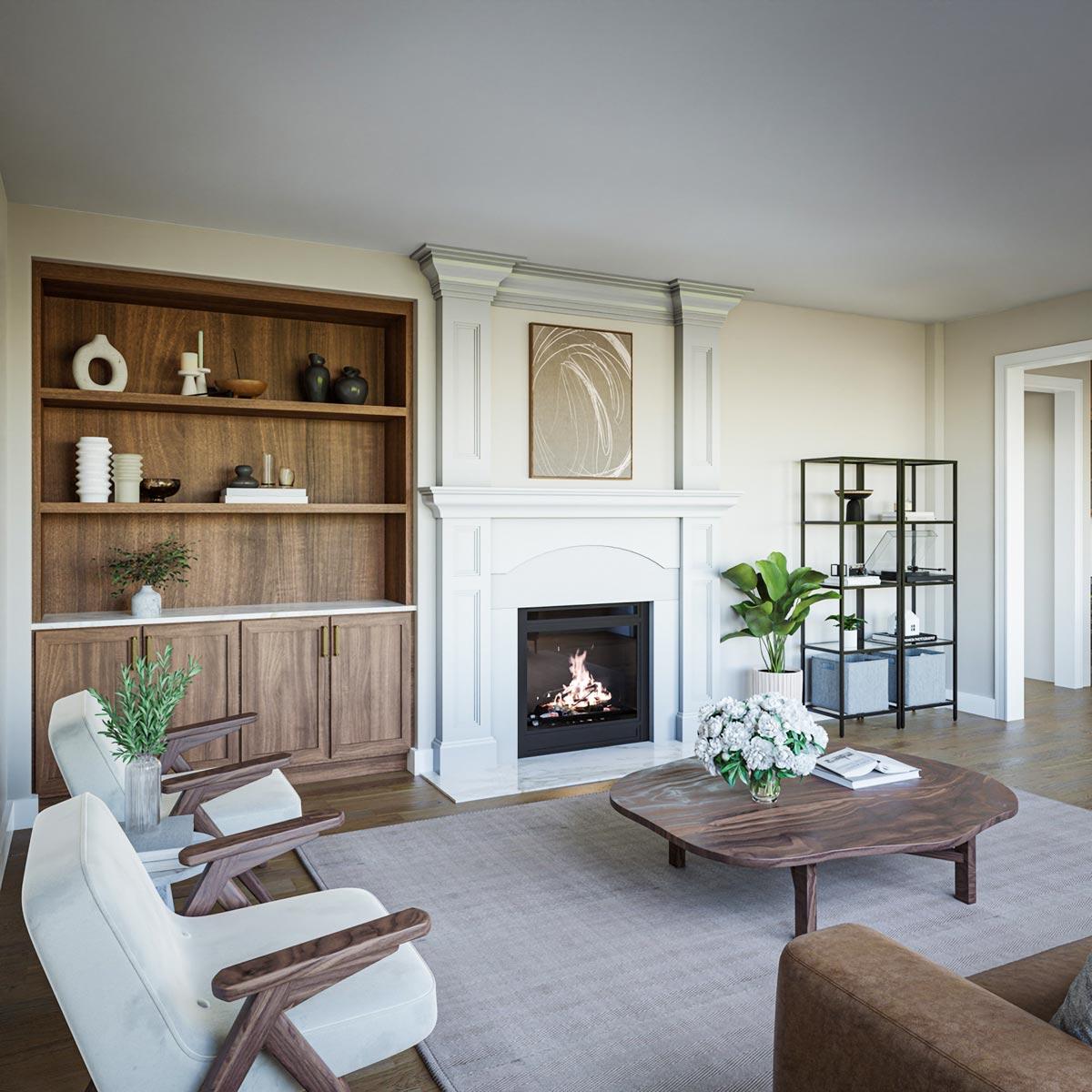 Living room with fireplace, built-in shelving, two armchairs, coffee table, and open doorway.
