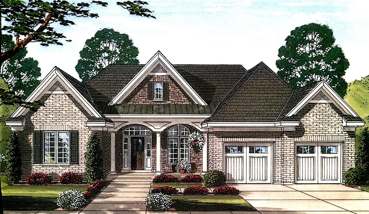 House plan exterior, one story, brick, arched entryway, gable dormer and two-car garage.
