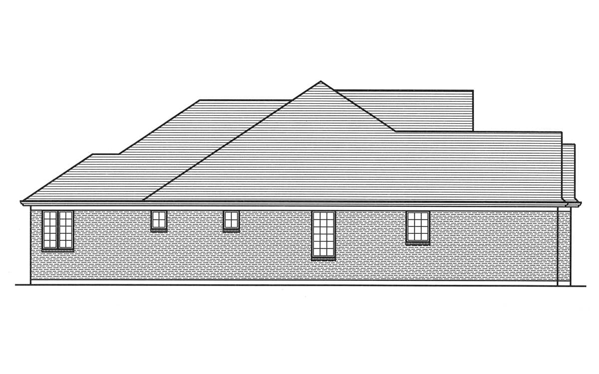 House plan exterior elevation showing a brick-clad ranch with a complex roofline and multiple windows.