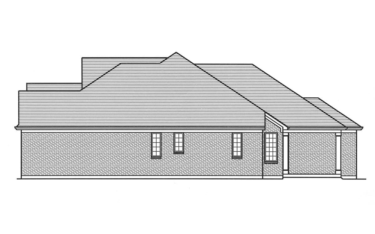 House plan elevation drawing, side view. One-story brick structure with varied rooflines and multiple windows.