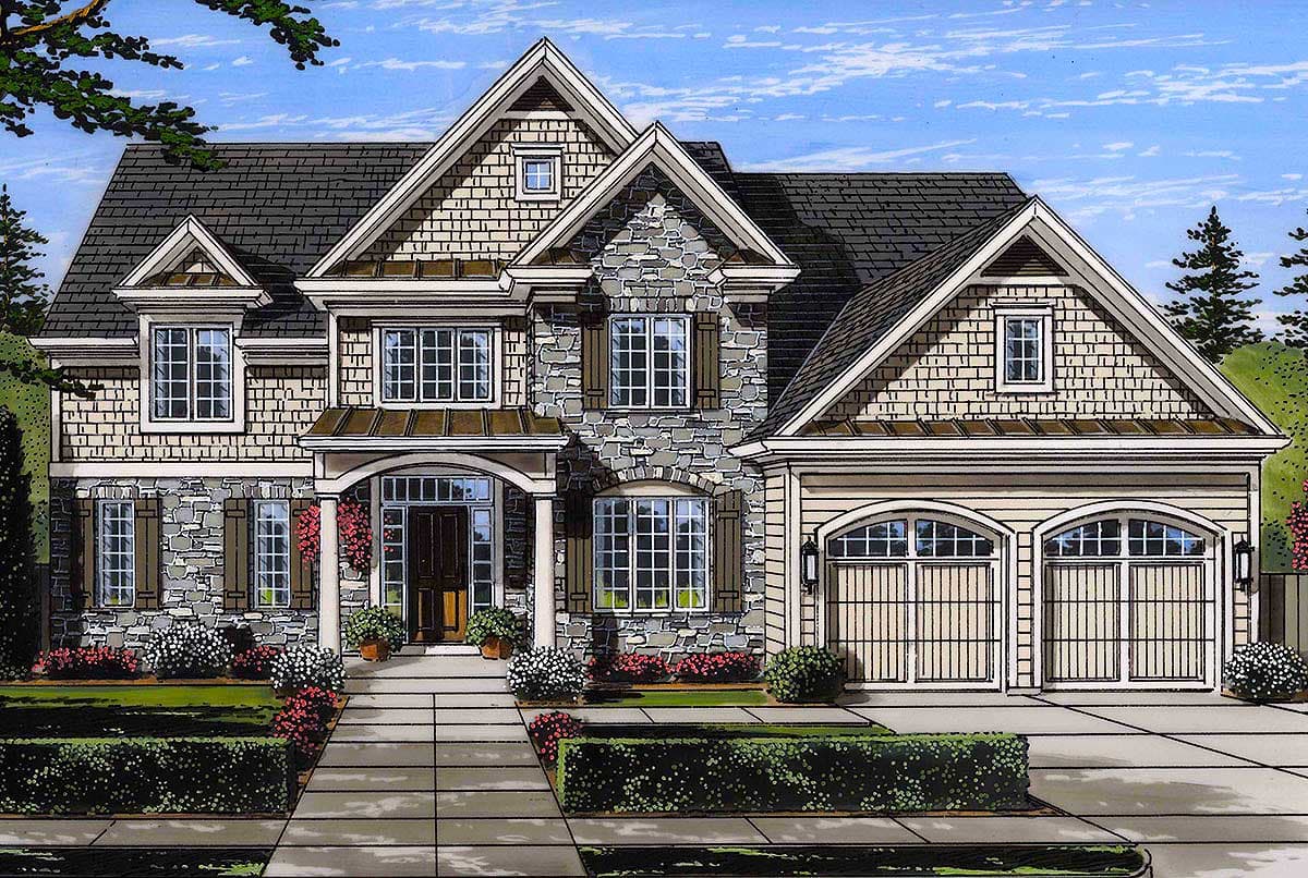 House plan exterior: Two-story home with stone and shingle siding, arched garage doors, and prominent gables.