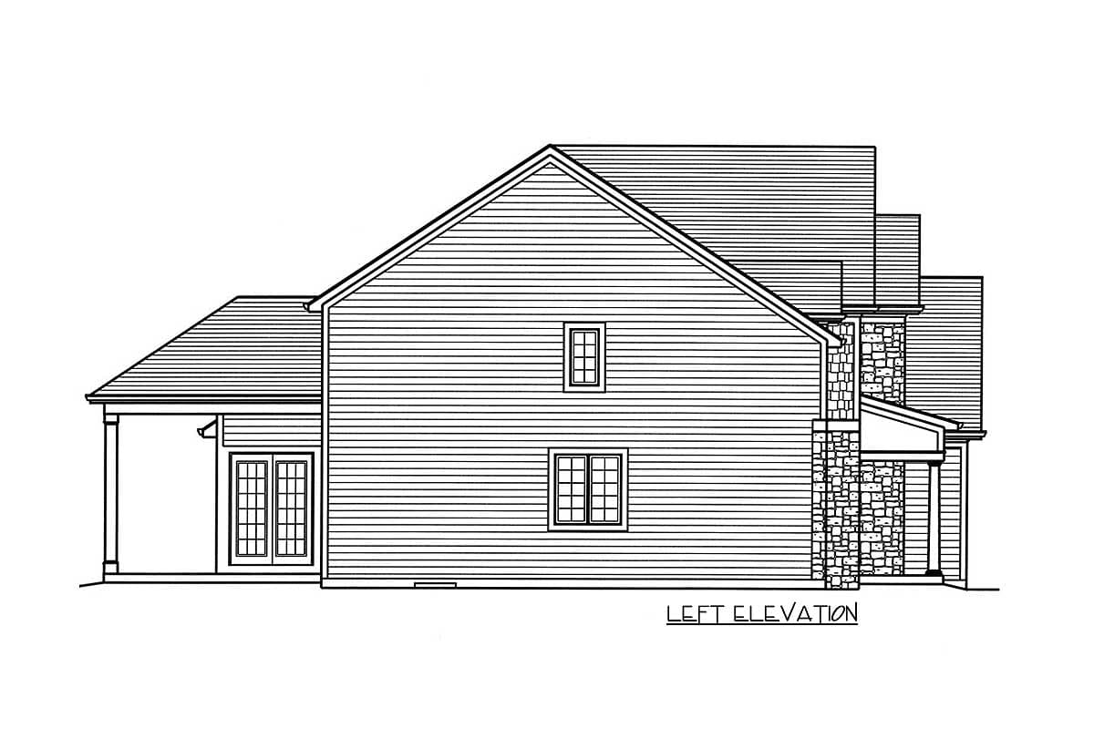 Left elevation house plan drawing showing siding, stone accents, multiple rooflines, covered porch, and double doors.