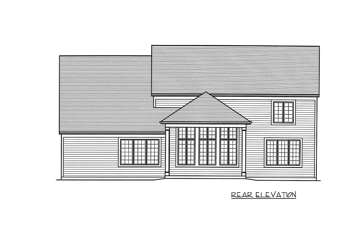 Rear elevation drawing of a two-story house plan with a central covered section featuring multiple windows and gabled roof.