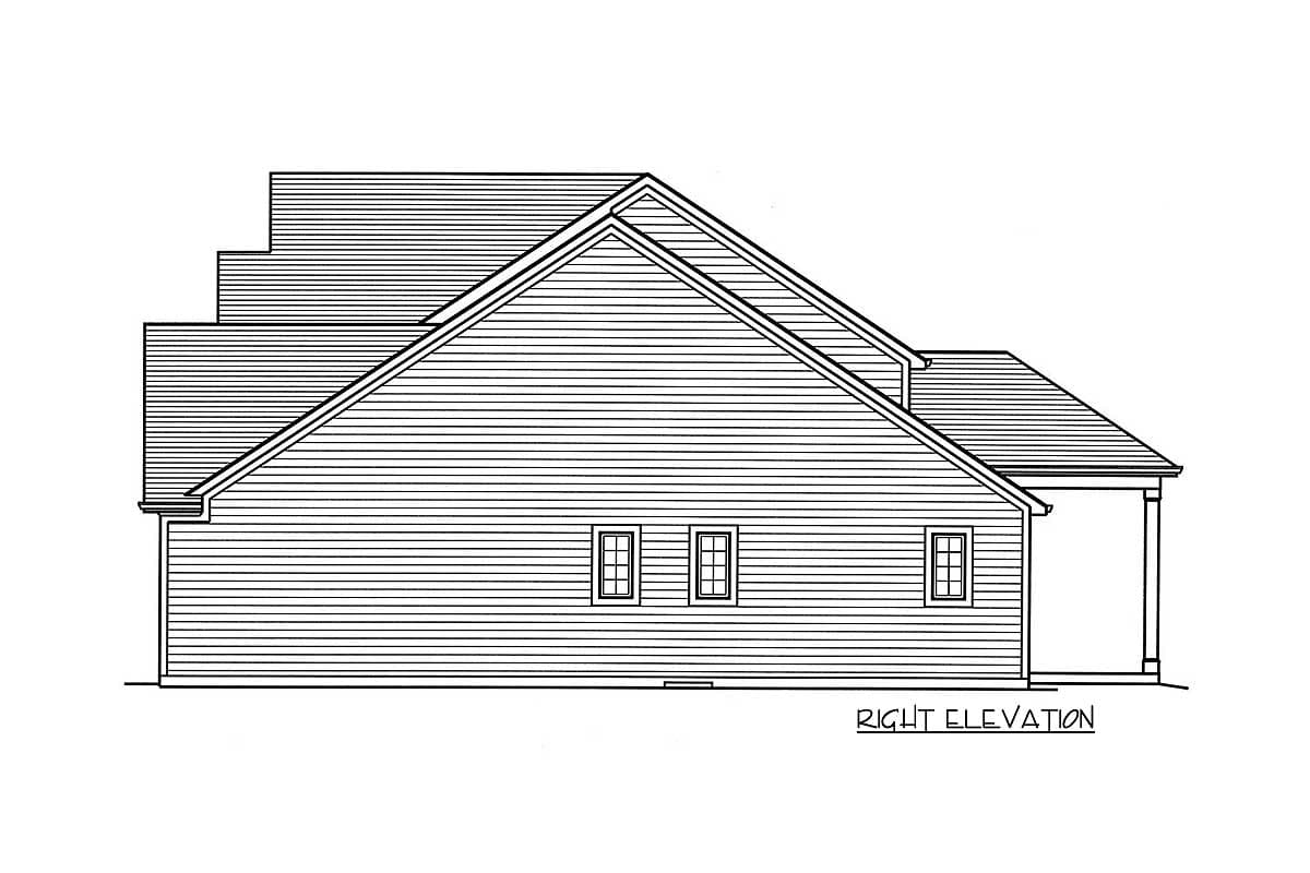 Right elevation house plan. Shows multi-level rooflines, horizontal siding, and three double-hung windows.