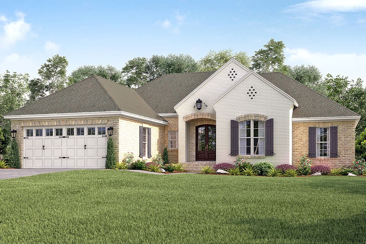 House plan exterior of a one-story home with a side-entry garage, arched entryway, brick accents, and gable dormers.