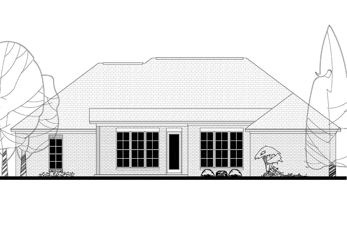House plan exterior: one-story ranch with hip roof, brick facade, and multiple large grid windows.