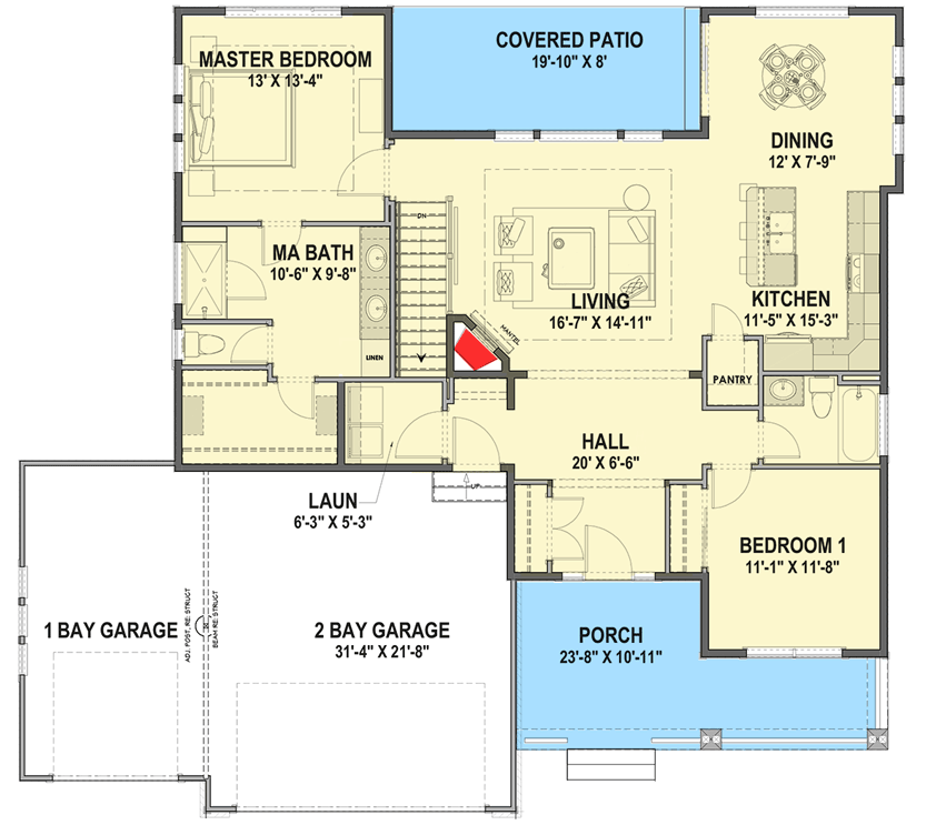 Plan 64425SC: 2 Bedroom Farmhouse Home Plan With Room to Expand - Floor Plan - Main Level - Country, Farmhouse