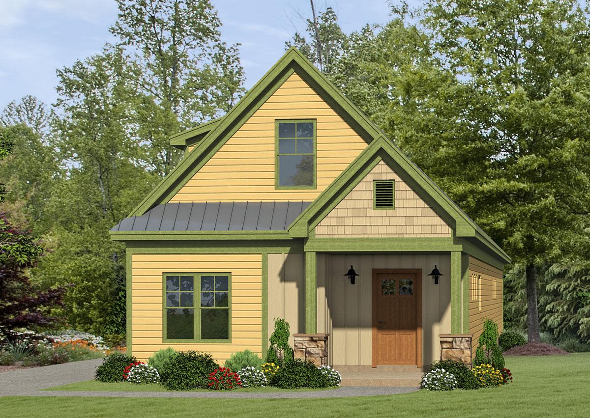 House plan exterior: Two-story cottage with gable roof, front porch, dormer, and board and batten siding.