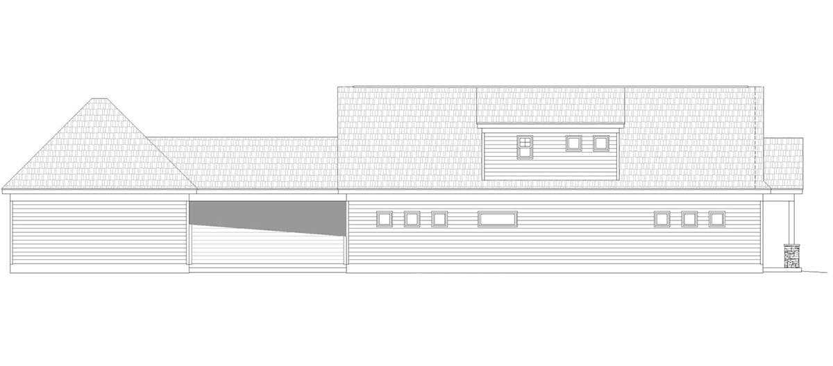 House plan side elevation showing a gambrel roof, attached garage, and multiple square windows on a single story.