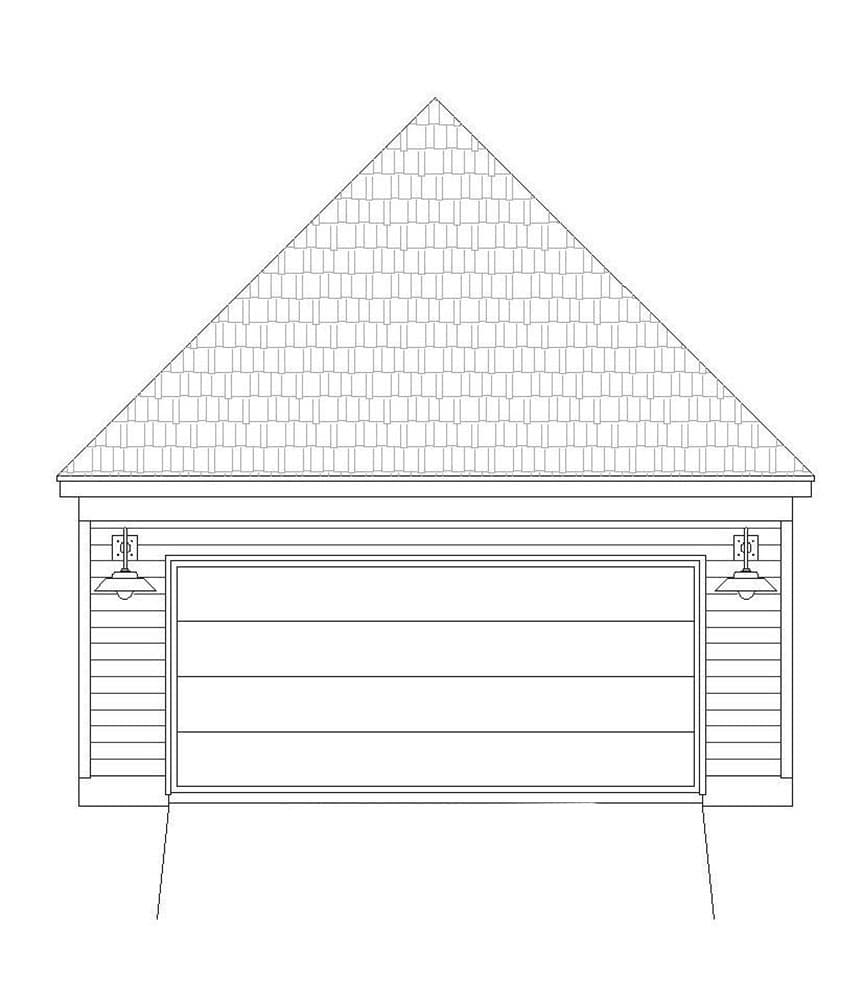 Front elevation drawing of a garage with a steep gable roof, horizontal siding, and two wall-mounted barn lights.