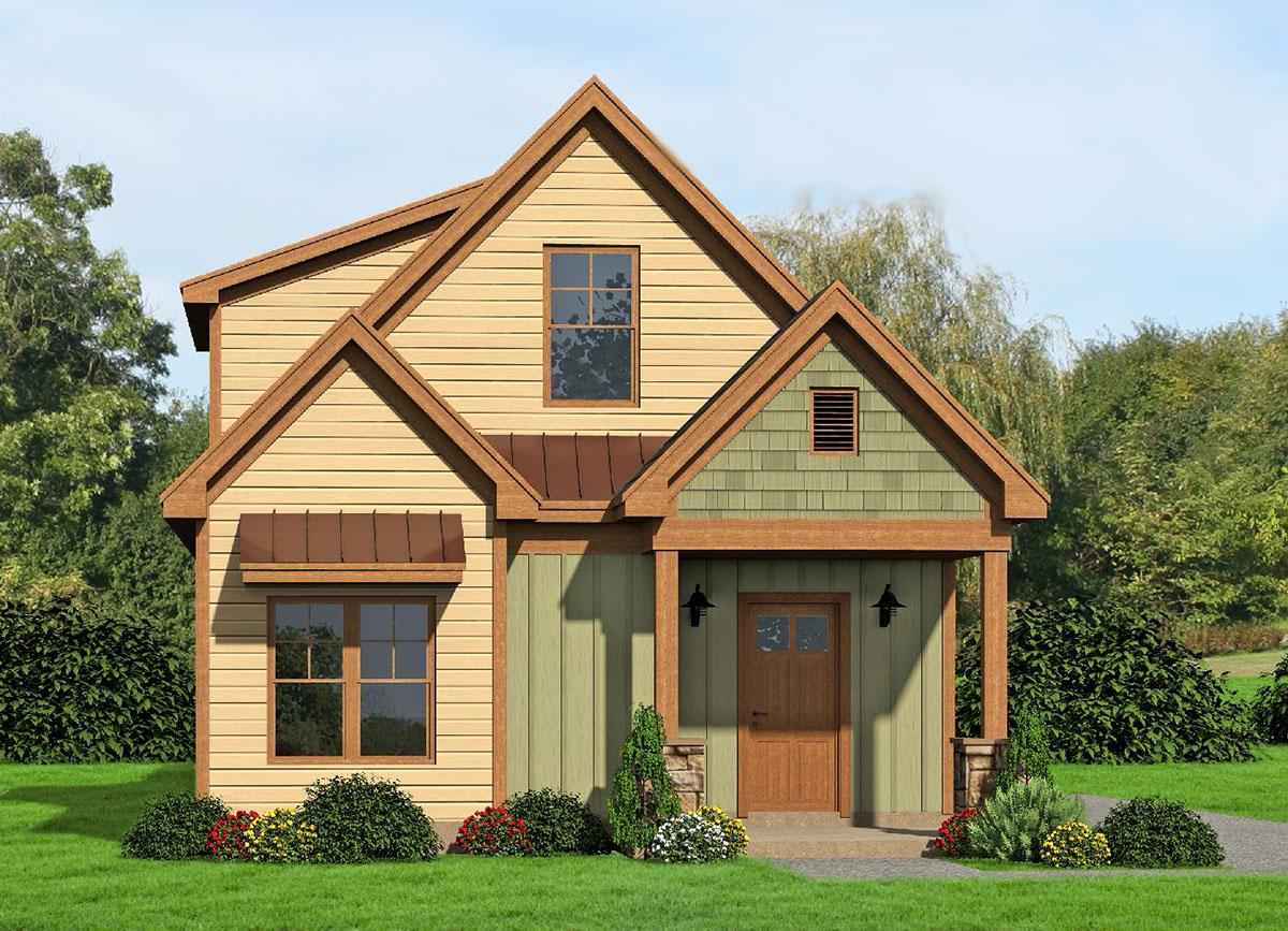 House plan exterior: Two-story home with multiple gables, a covered front porch with wood columns, and varied siding.