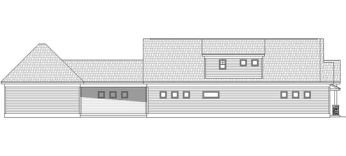 House plan exterior drawing with hip roof, dormer, and multiple windows.