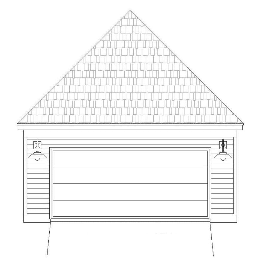 Front elevation of a garage with horizontal siding, a large garage door, and a steeply pitched roof with shingle detail.