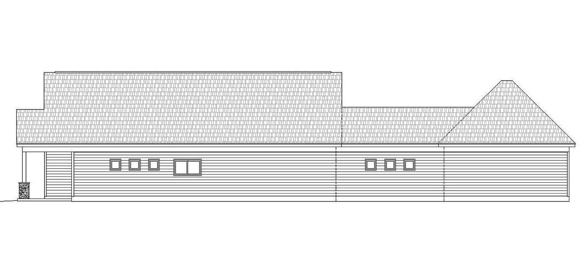 House plan side elevation showing a single-story structure with a covered porch and varied rooflines.
