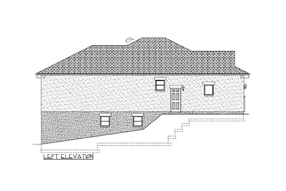 Left elevation house plan showing a multi-level structure with a pitched roof, two doors, and four windows.