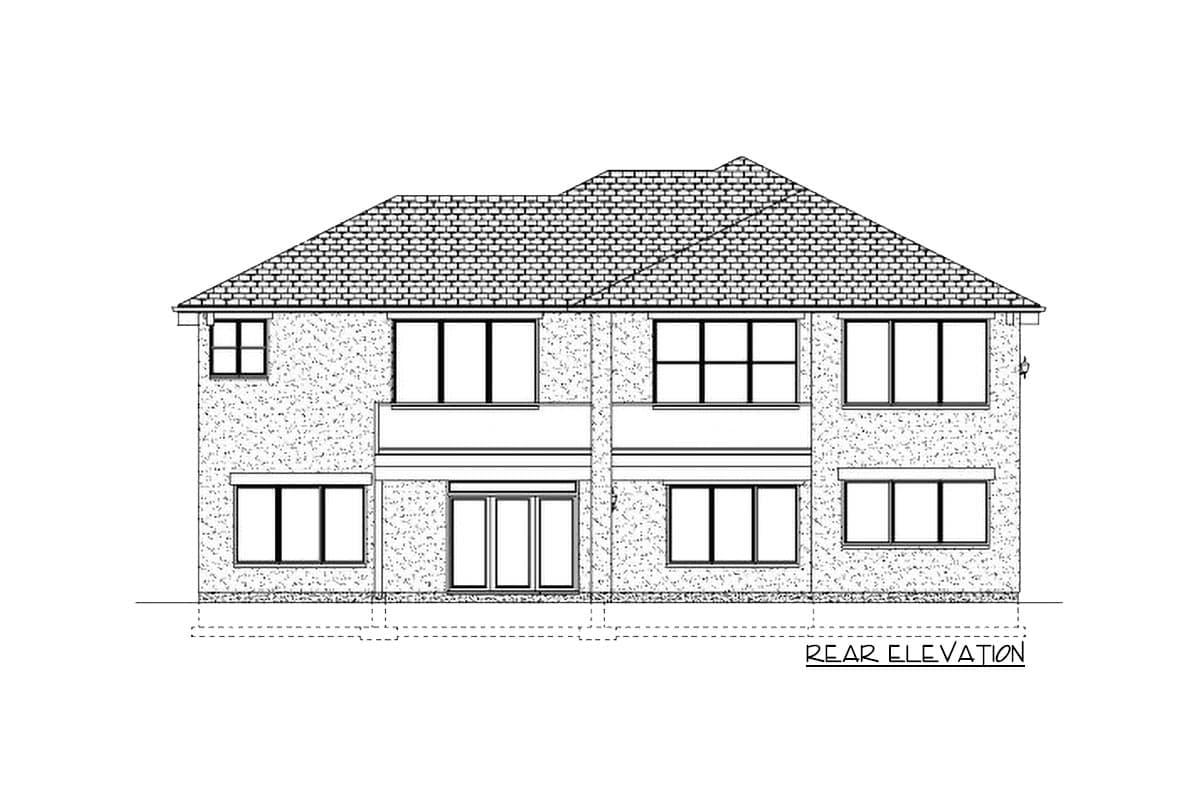 Rear elevation drawing of a two-story house plan featuring a hipped roof, multiple windows, and a central double door.