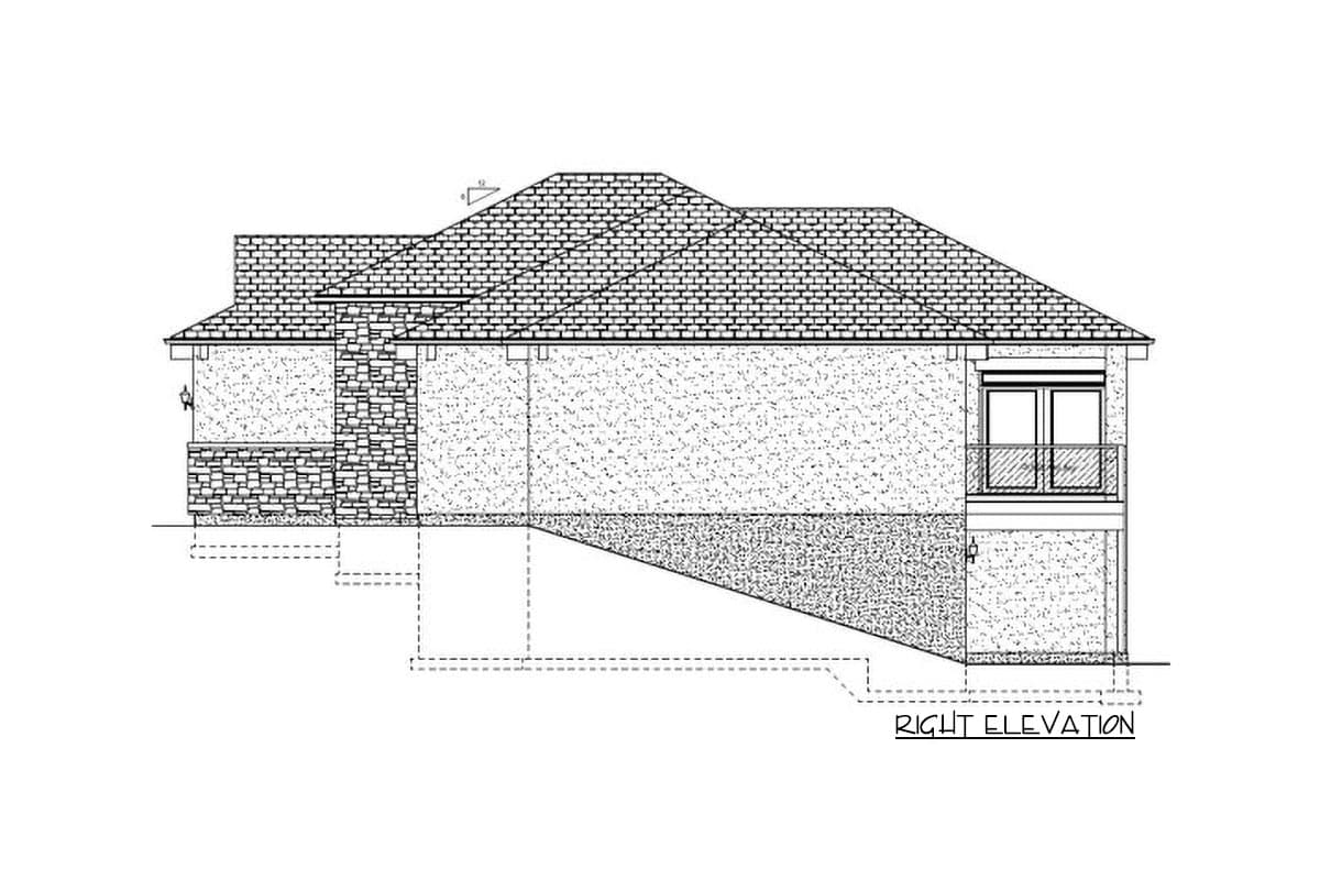 Right elevation drawing of a house plan featuring a hip roof, stone chimney, and a second-story balcony.