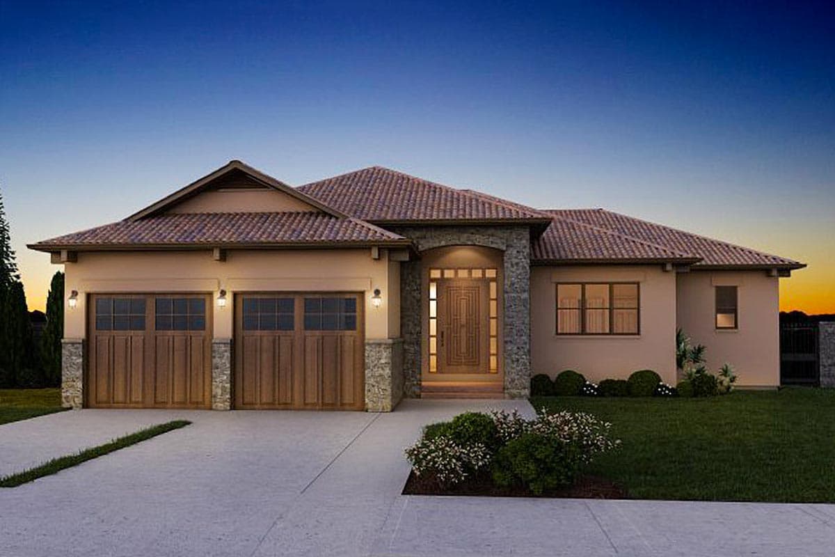 House plan exterior: Ranch style, single-story with stucco walls, tile roof, dual garage doors, and stone accents.
